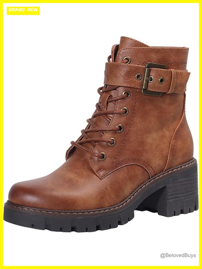 Classic Lace-Up Combat Boots With Side Zipper & Buckle Chunky Heel